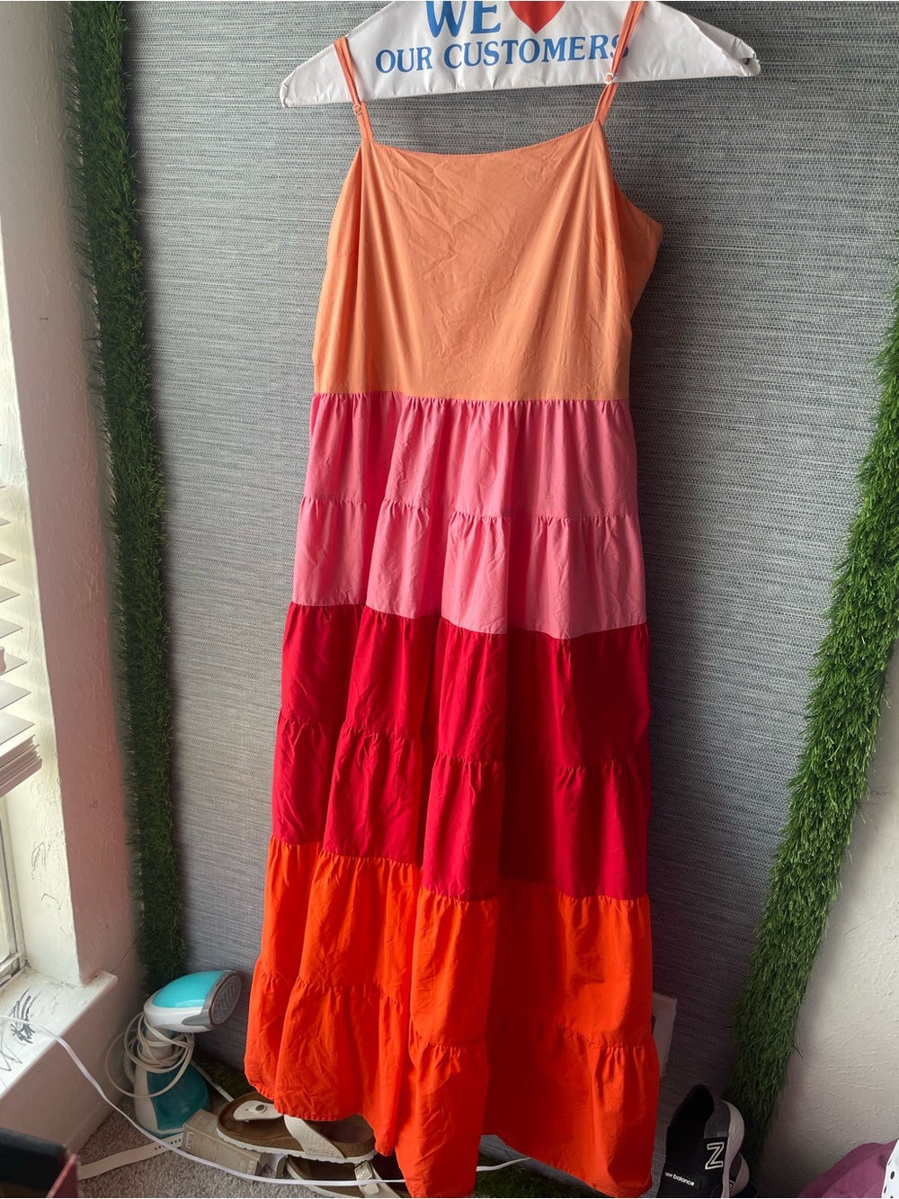 English Factory Spaghetti Strap Colorblock Maxi Dress - Peach, Pink, Red, Orange